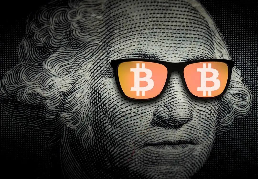 George Washington con gafas de sol y símbolos de Bitcoin. Descubre los secretos de Bitcoin.