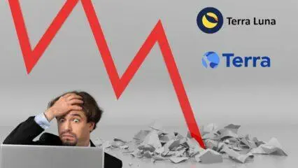 Hombre de negocios estresado mirando su computadora portátil mientras un gráfico rojo se estrella en el suelo, junto a los logotipos de Terra Luna y Terra.