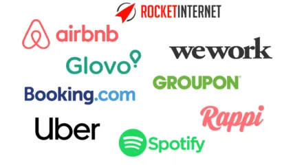 Logotipos de startups populares como Airbnb, Uber, Spotify y WeWork. Ilustran las ventajas y desventajas de trabajar en una startup.
