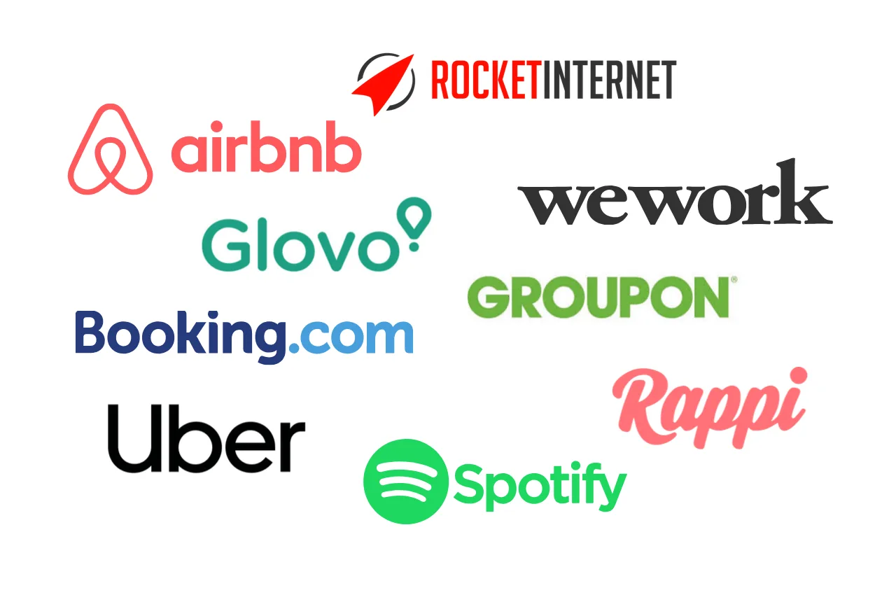 Logotipos de startups populares como Airbnb, Uber, Spotify y WeWork. Ilustran las ventajas y desventajas de trabajar en una startup.