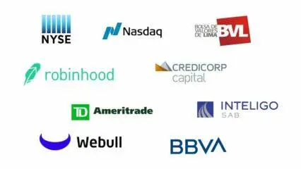 Logotipos de NYSE, Nasdaq, BVL, Robinhood y otras casas de bolsa. Invertir en Perú vs. EE. UU.
