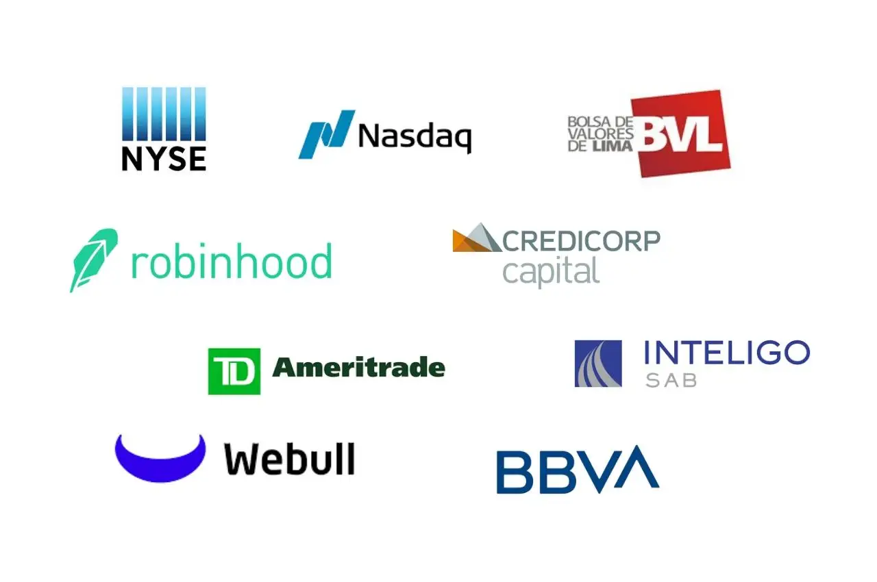 Logotipos de NYSE, Nasdaq, BVL, Robinhood y otras casas de bolsa. Invertir en Perú vs. EE. UU.