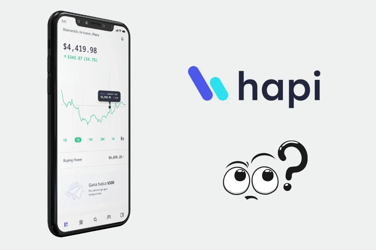 Smartphone con la app de inversión Hapi, que muestra un valor de cartera de $4,419.98 y un gráfico de acciones. Invierte fácilmente con Hapi.
