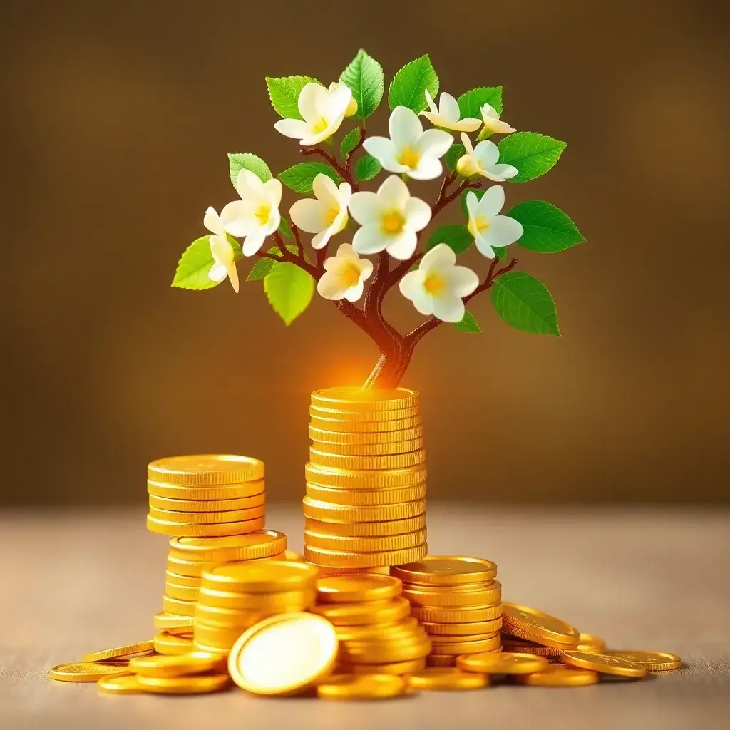 Monedas de oro cayendo de árbol de dinero, símbolo de acciones dividendos en Colombia.