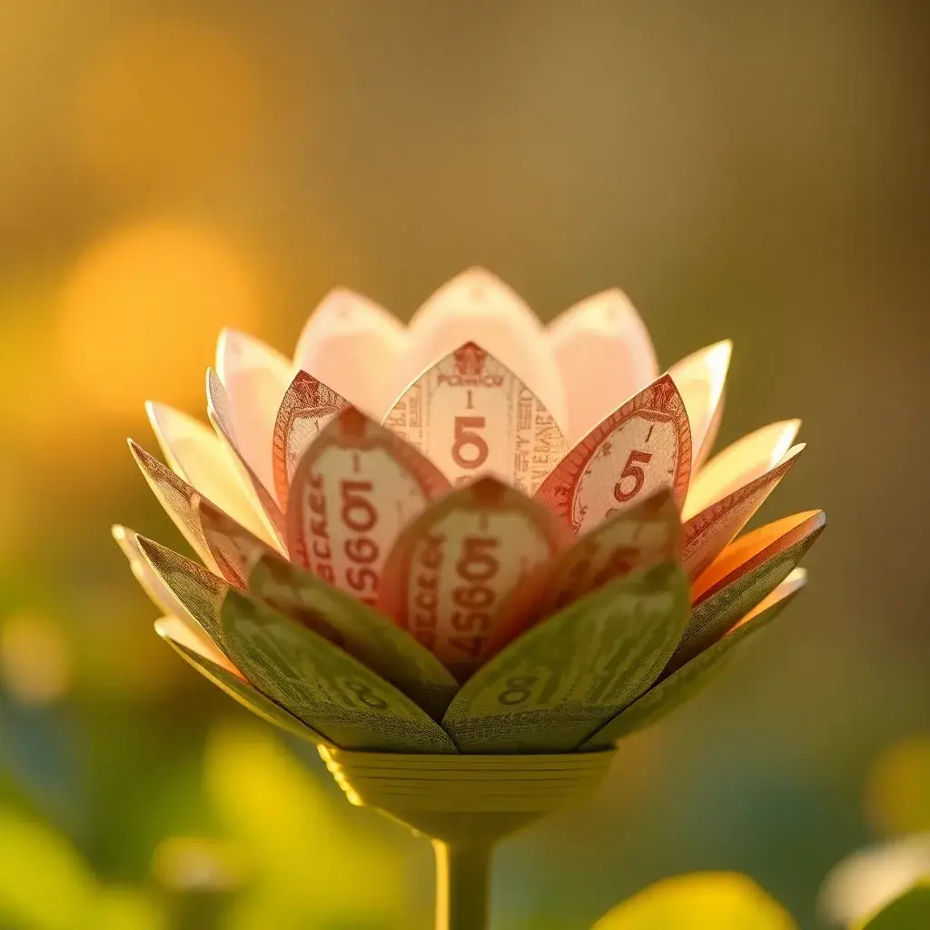 Pesos mexicanos como flor, luz dorada. Metáfora visual de crecimiento de acciones dividendos en México.