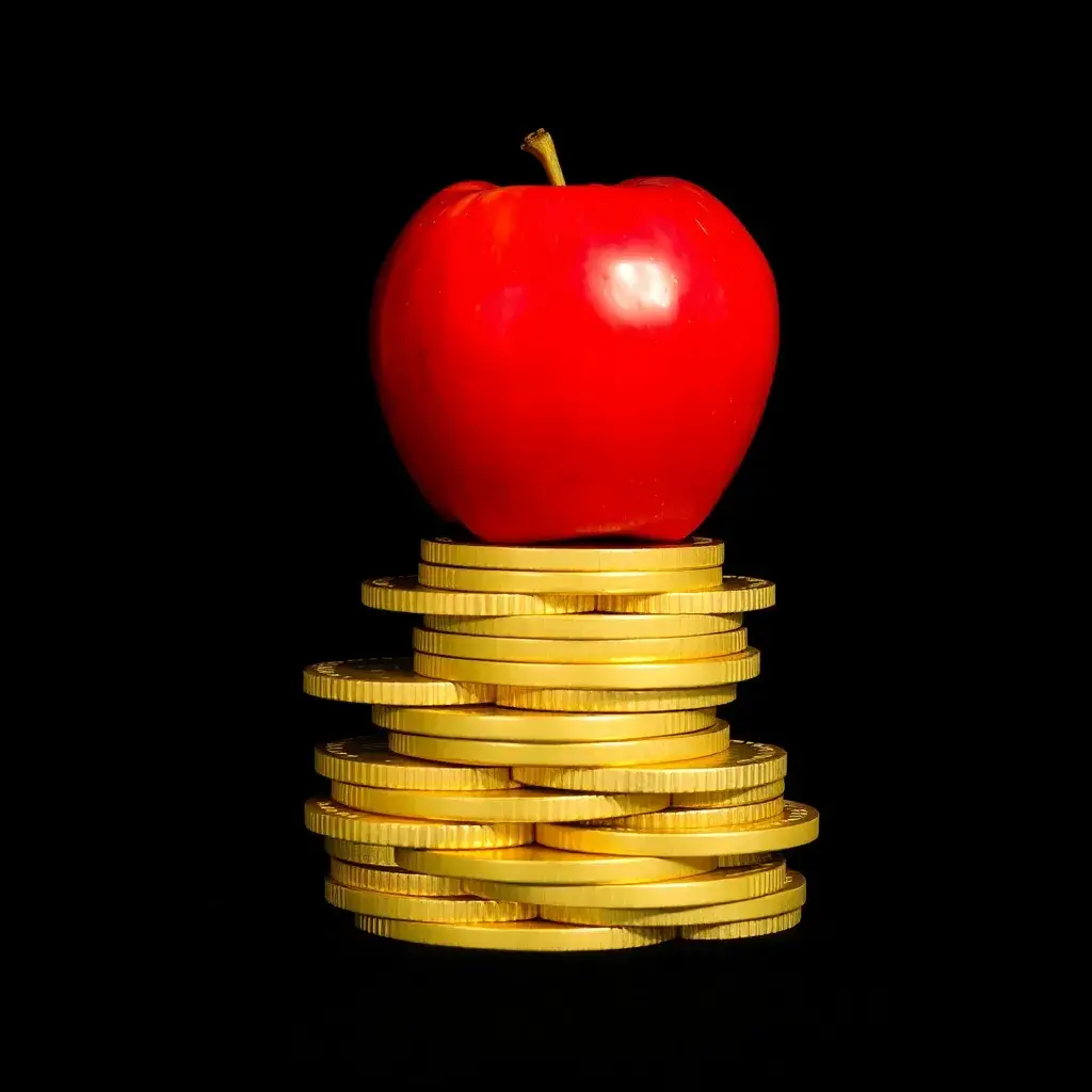 Manzana roja sobre monedas de oro. Concepto de apple dividendo en Colombia.