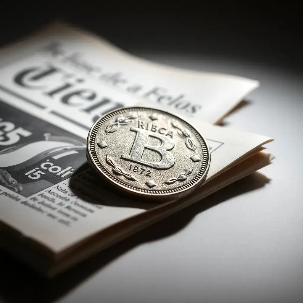 Moneda antigua de plata sobre periódico español. Legado financiero y dividendo BBVA.