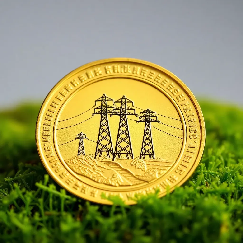 Dividendo Celsia en Colombia: moneda dorada abierta, revela torres de energía sobre musgo.