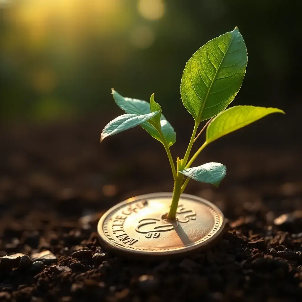 Planta de café brotando de moneda dorada en Colombia, aludiendo a dividendo Ecopetrol.