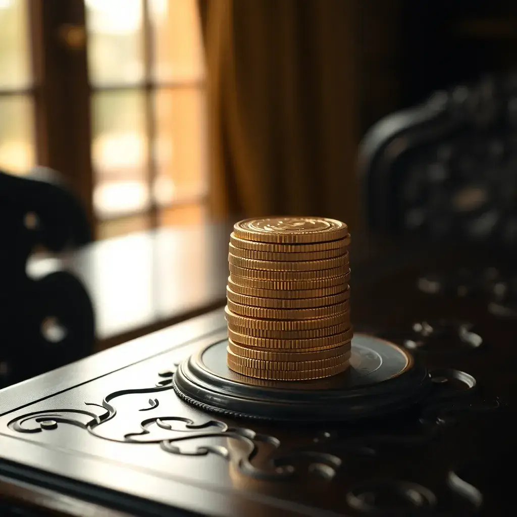 Monedas de oro brillantes sobre mesa de madera. Inversiones y dividendo Enagas en España.