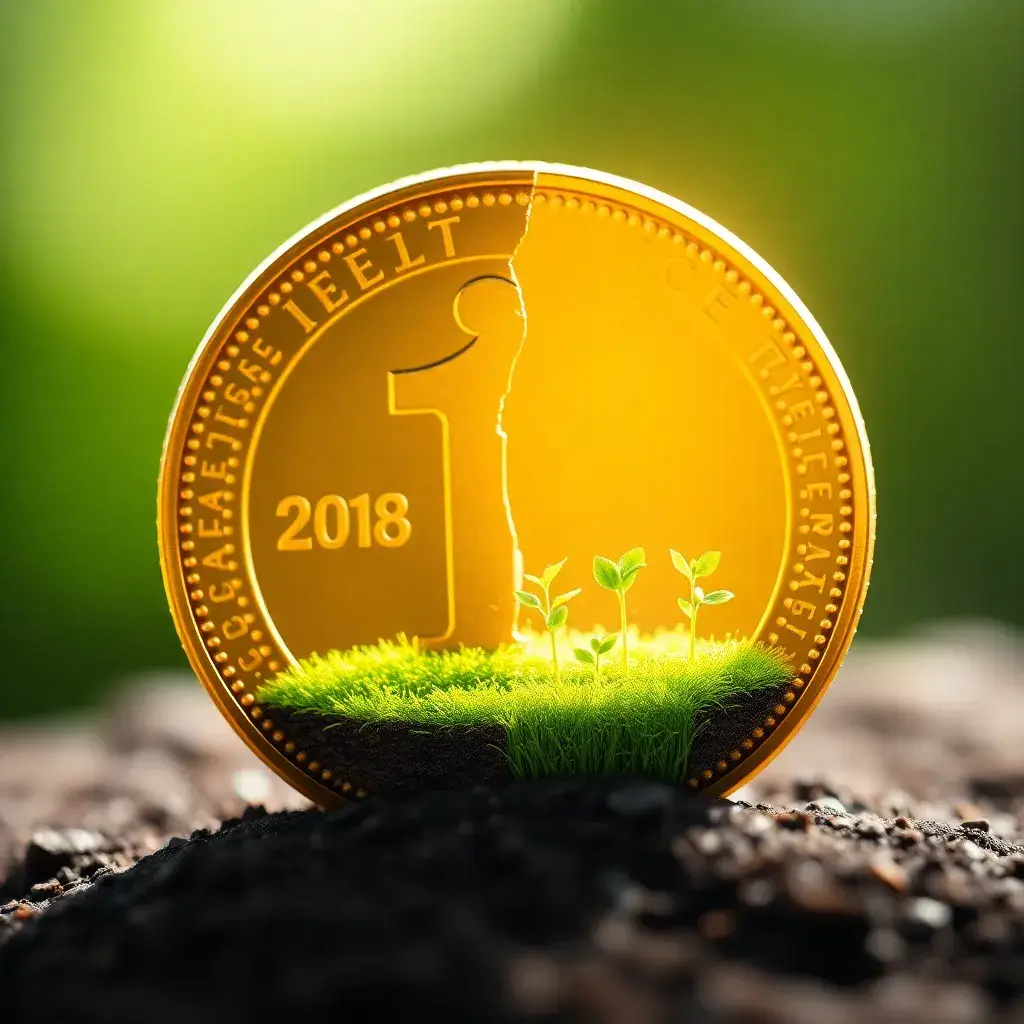 Moneda antigua dorada abierta, revelando un campo verde con brotes. Simboliza el dividendo que es la inversión en Colombia.