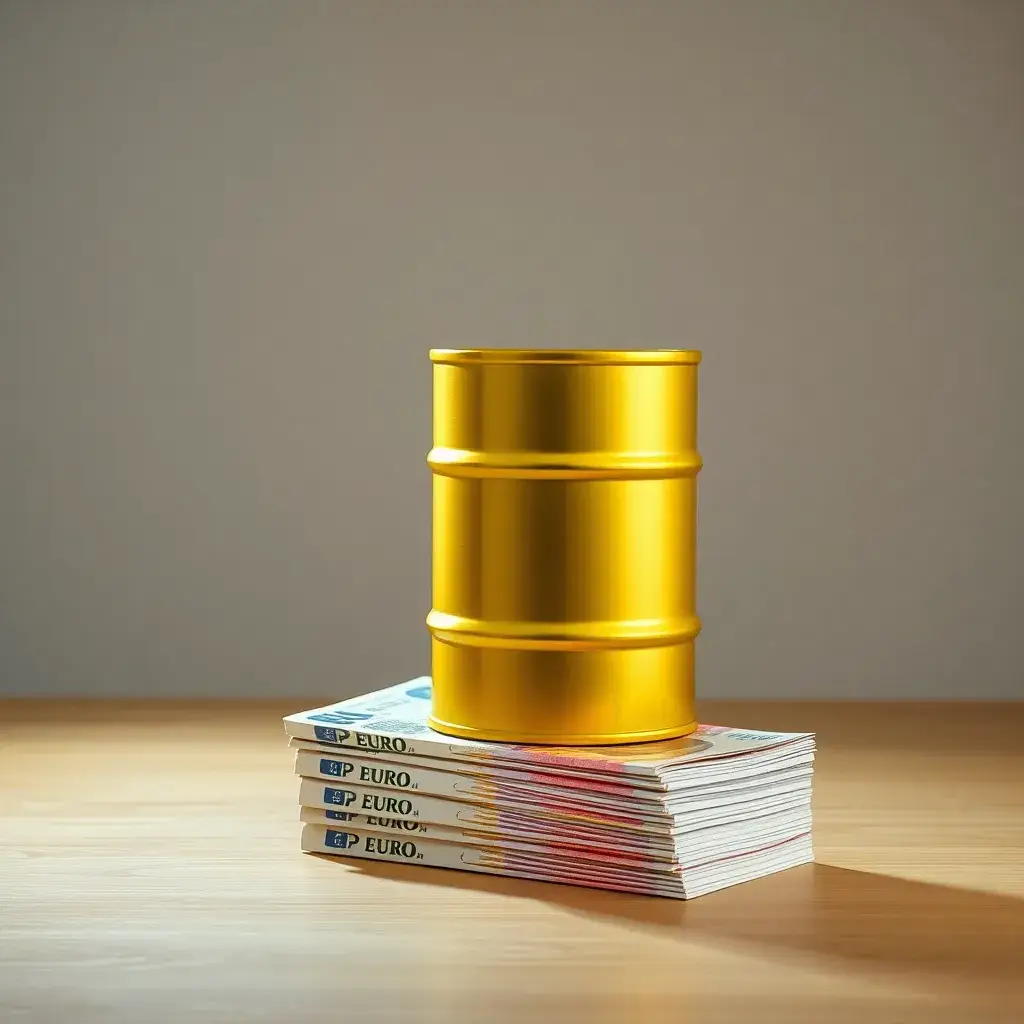 Barril de petróleo dorado sobre euros: concepto visual de dividendo Repsol en España y riqueza energética.
