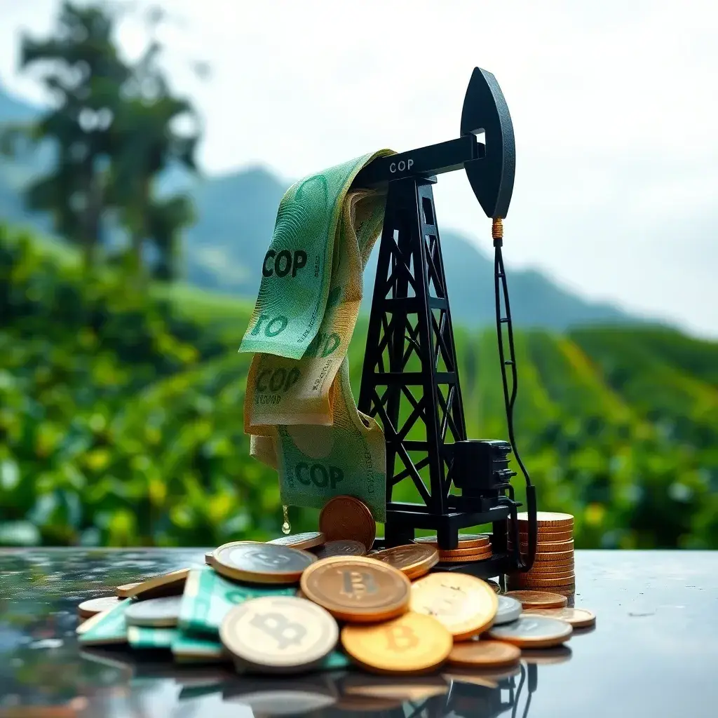 Monedas y billetes COP de Colombia fluyen desde una torre petrolera miniatura. Concepto de dividendo Terpel.
