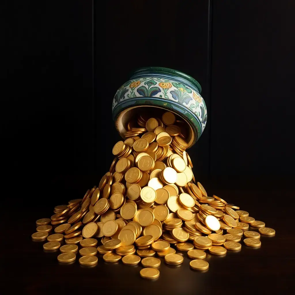 Monedas de oro derramándose de una vasija mexicana, representando dividendos y riqueza.