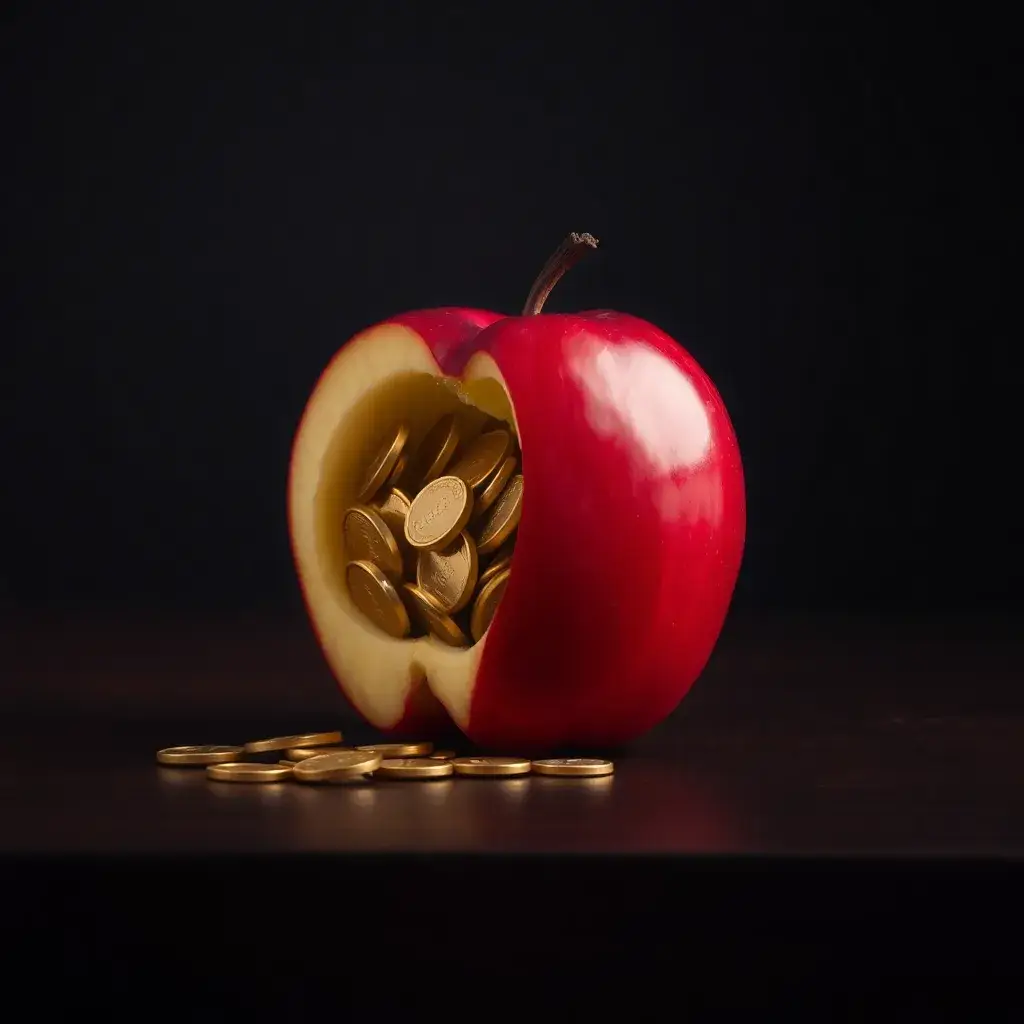 Dividendos apple: manzana roja abierta con monedas de oro, concepto financiero en México.