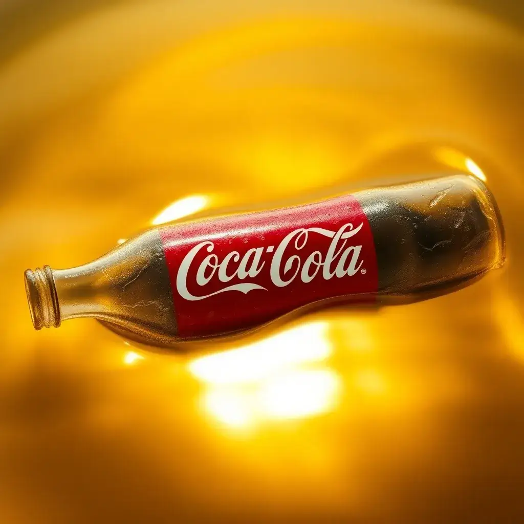 Botella Coca-Cola en líquido dorado, reflejo de prosperidad. Ideal para hablar de dividendos Coca Cola en México.