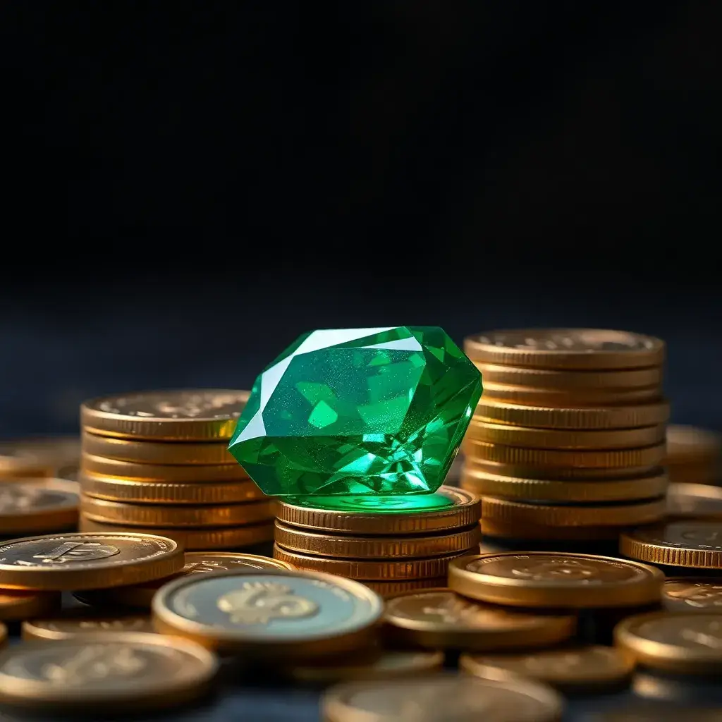 Esmeralda colombiana entre monedas de oro. Refleja los dividendos Ecopetrol 2023 en Colombia.