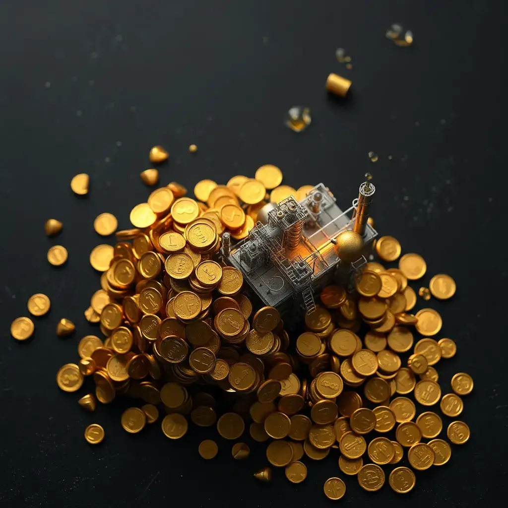 Dividendos de Ecopetrol representados con monedas doradas fluyendo a refinería, simbolizando retornos financieros en Colombia.
