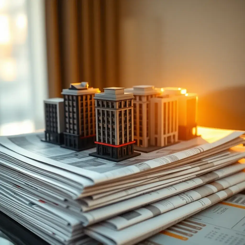 Maquetas de edificios mexicanos sobre informes financieros; inversión y dividendos Fibra Mty en México.