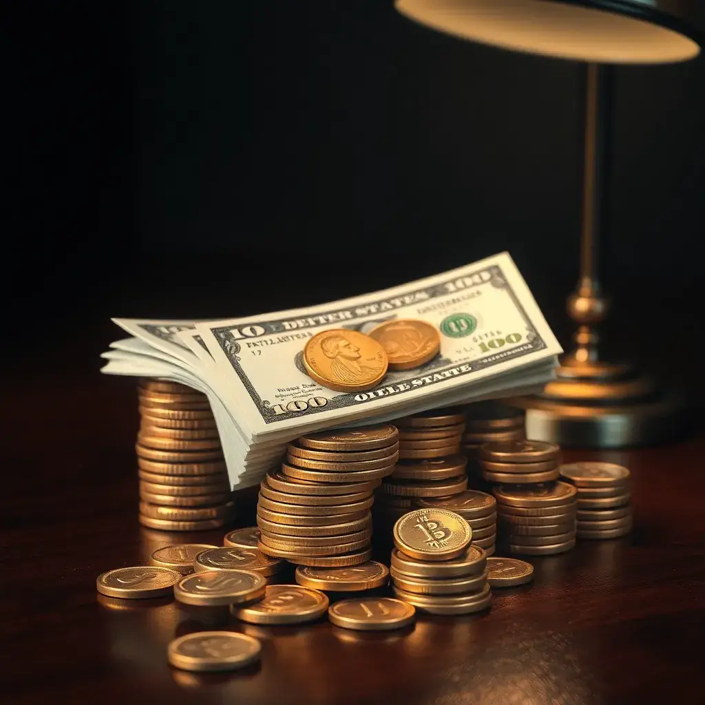 Monedas antiguas y dólares americanos bajo luz tenue, aludiendo a dividendos por pagar en Colombia y prosperidad.