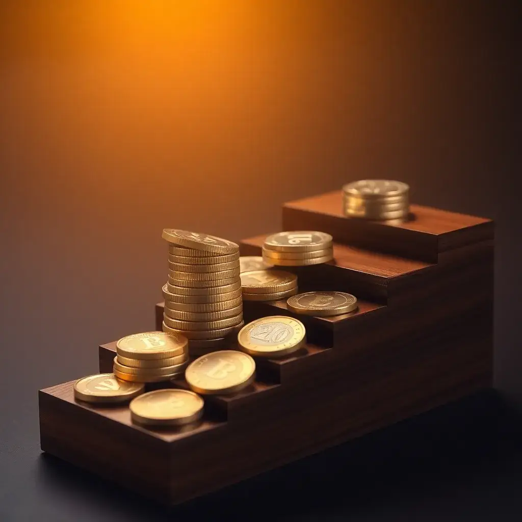 Monedas euro escalando peldaños de madera pulida. Crecimiento financiero y dividendos Santander en España.