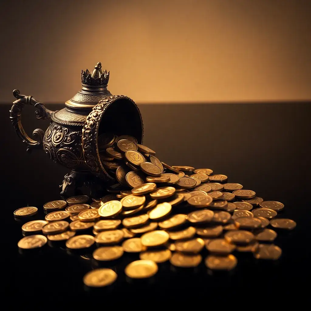 Monedas doradas cayendo de lámpara antigua, alusión a dividendos Terpel en Colombia.