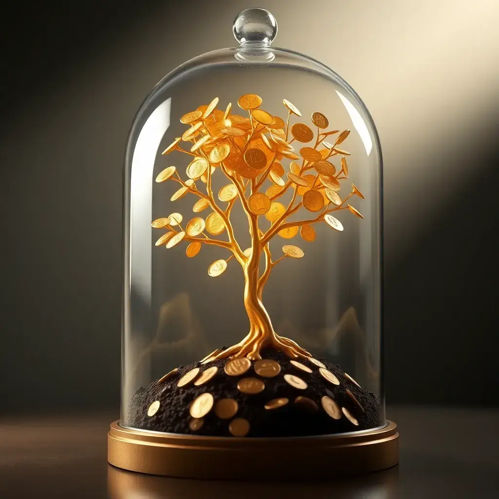 Árbol dorado con monedas, símbolo de invertir en dividendo para crecimiento financiero en México.