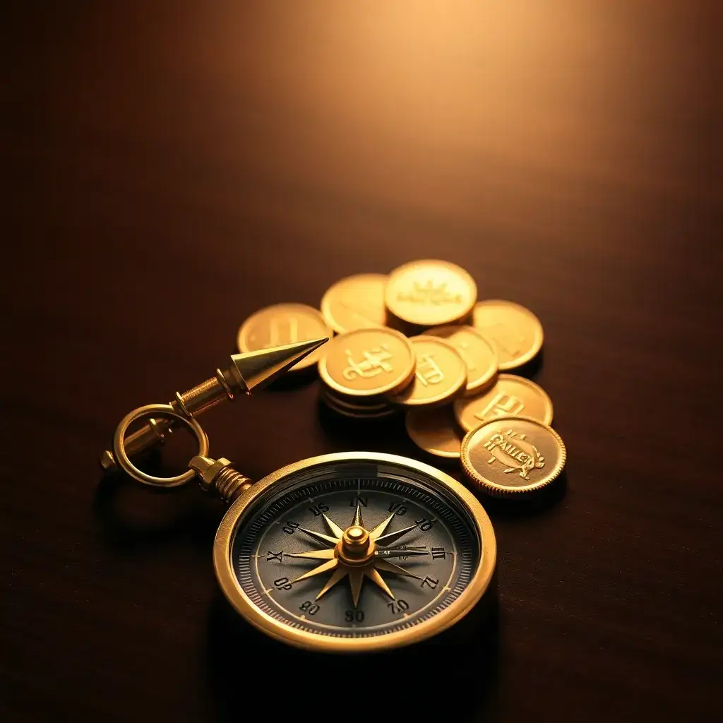 Compás dorado señala monedas de oro en México, representando las mejores acciones de dividendo.