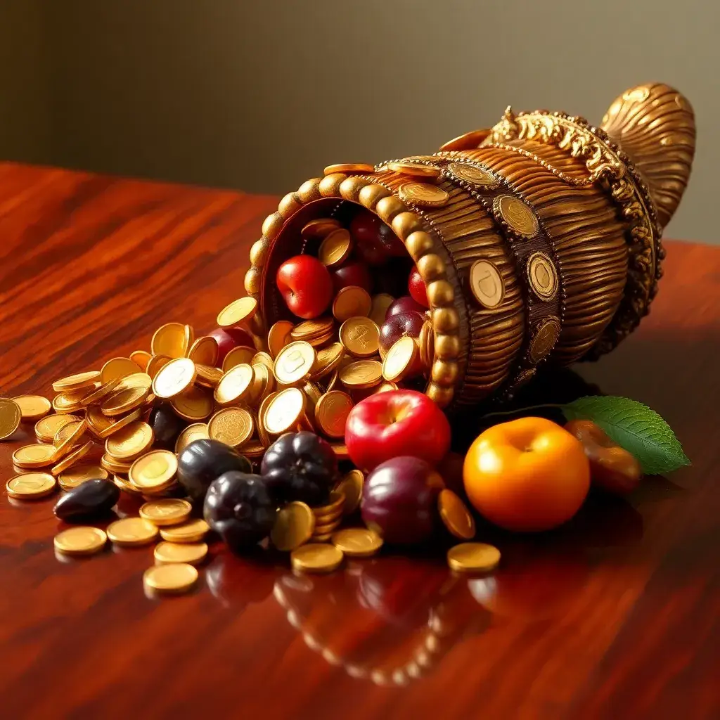 Cornucopia rebosante de monedas y frutas doradas, simbolizando los próximos dividendos y la abundancia financiera.
