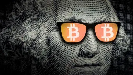 George Washington con gafas de sol y símbolos de Bitcoin. Descubre los secretos de Bitcoin.