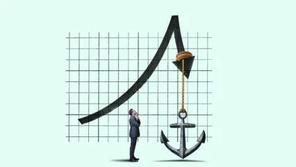 Un empresario observa el gráfico de tendencia bajista del mercado, lastrado por un ancla. Invierte en un mercado bajista.