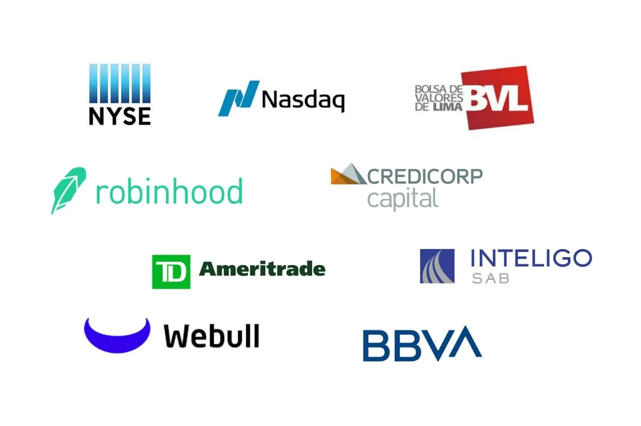Logotipos de NYSE, Nasdaq, BVL, Robinhood y otras casas de bolsa. Invertir en Perú vs. EE. UU.