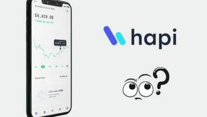 Smartphone con la app de inversión Hapi, que muestra un valor de cartera de $4,419.98 y un gráfico de acciones. Invierte fácilmente con Hapi.