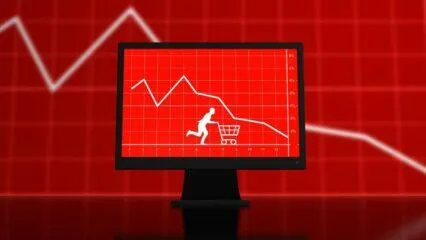 Gráfico que muestra la caída de las ventas en 2022; una persona tiene dificultades con el carrito de la compra. Invierta en 5 oportunidades durante la recesión.
