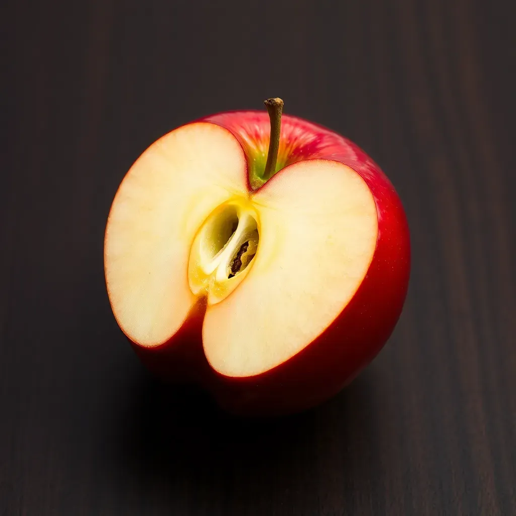 Manzana roja brillante dividida a la mitad sobre madera oscura. Concepto de apple dividendo en México.