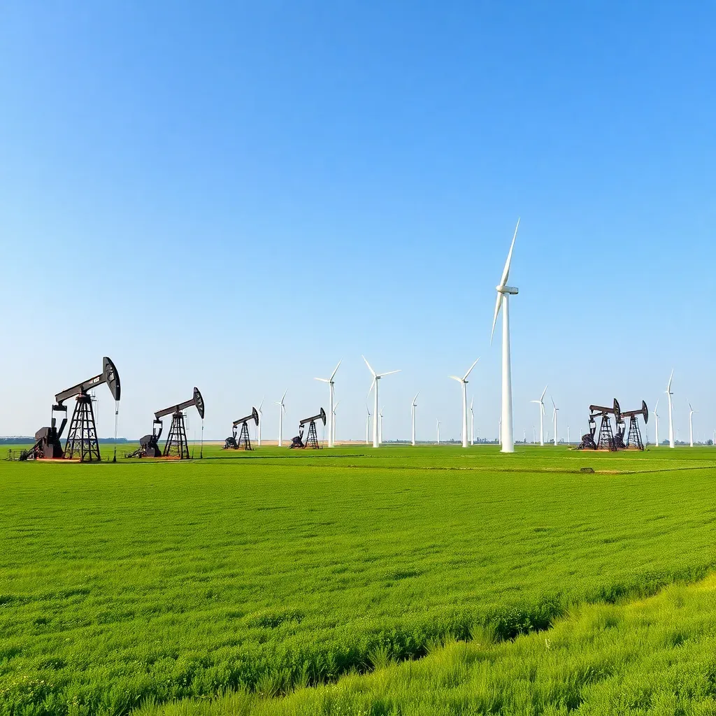 Campo colombiano con torres petroleras y aerogeneradores; posible dividendo Ecopetrol.