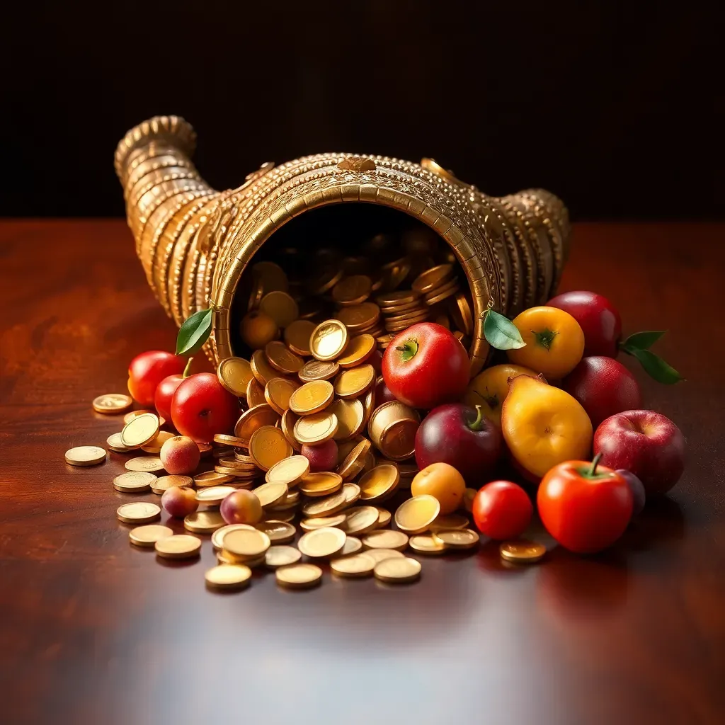 Cornucopia rebosante de monedas y frutas doradas sobre madera, representando dividendos y prosperidad en Colombia.