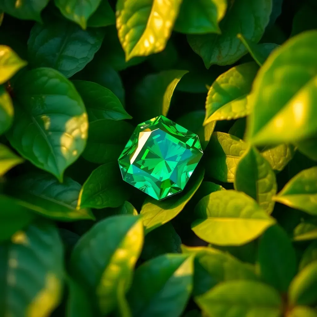 Esmeralda colombiana entre hojas verdes. Concepto de riqueza y dividendos de Ecopetrol en Colombia.
