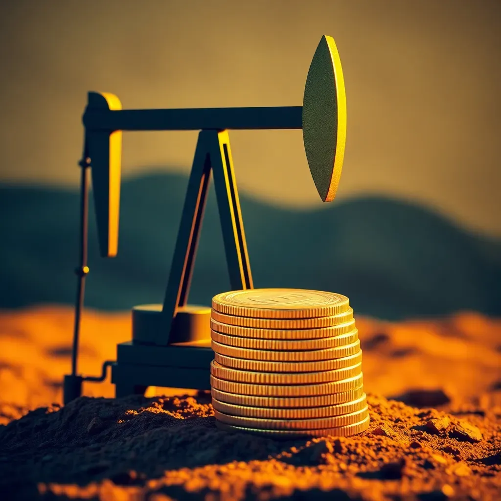 Monedas de oro sobre torre petrolera estilizada. Concepto de dividendos Ecopetrol en Colombia.