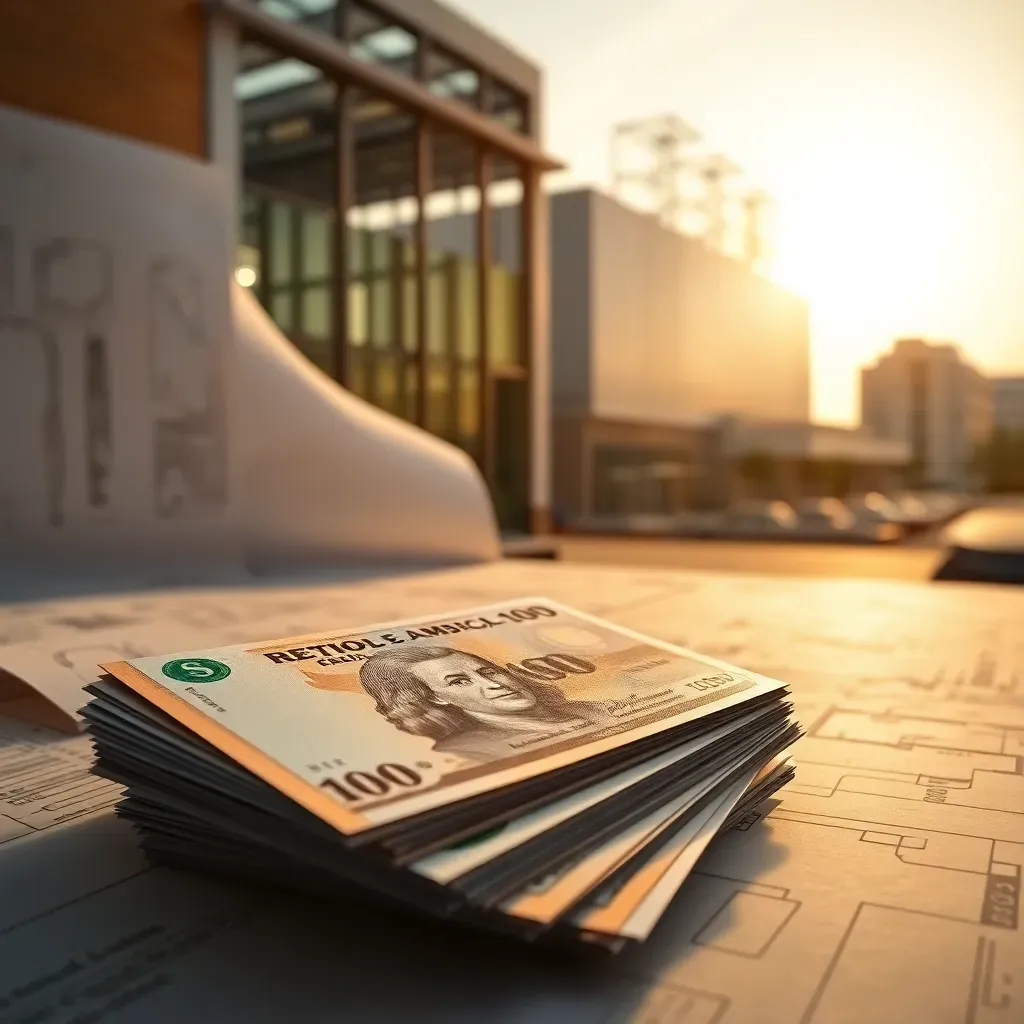 Pesos mexicanos y planos de parque industrial al atardecer. Fibra MTY dividendos en México.