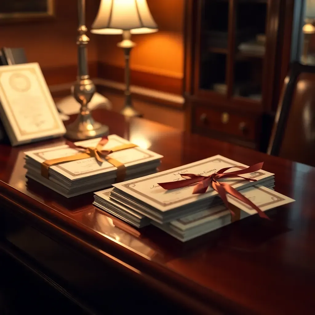 Escritorio con certificados de acciones; anticipando próximos dividendos.