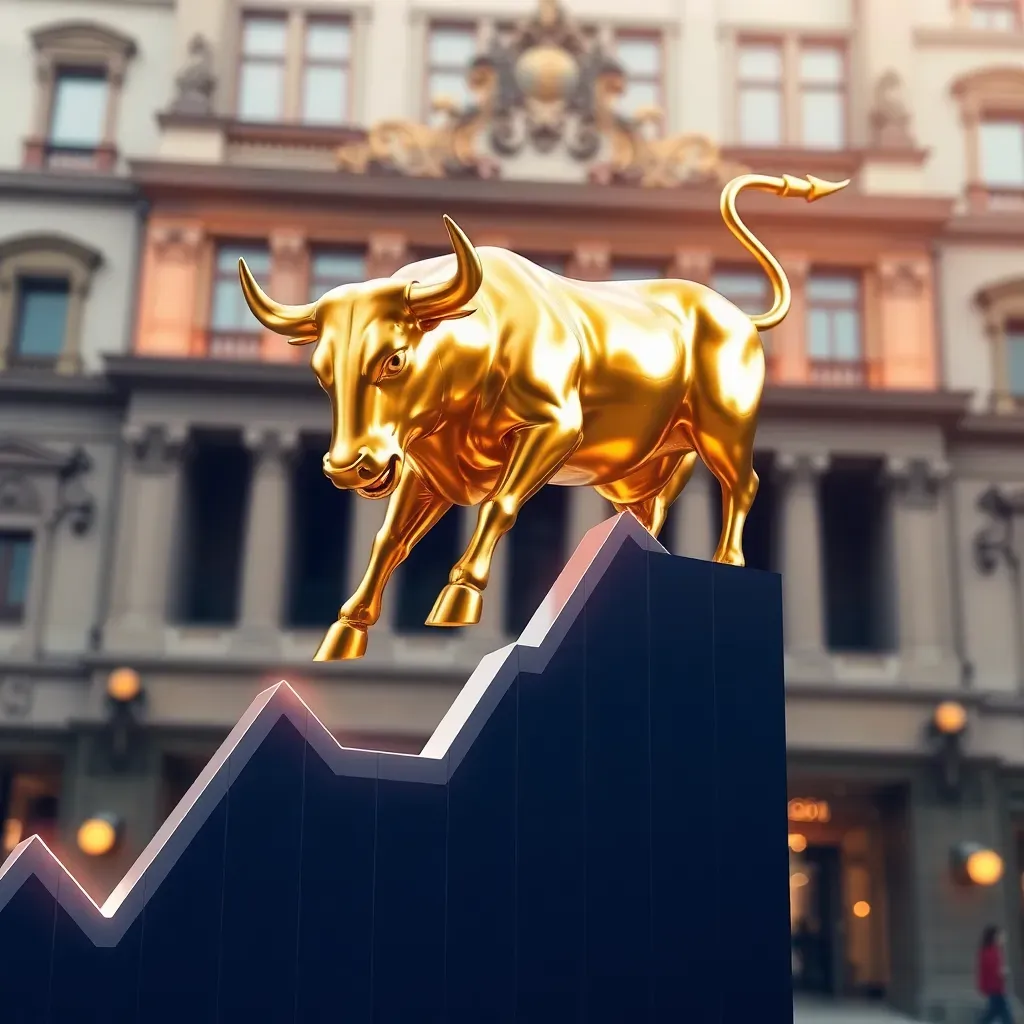 Escultura dorada de toro sobre gráfica ascendente, Bolsa de Madrid. Próximos dividendos Ibex 35 de España.