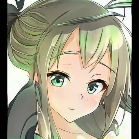 Retrato de una joven con cabello largo y recogido, ojos verdes y una expresión amigable, en un estilo de arte digital anime.