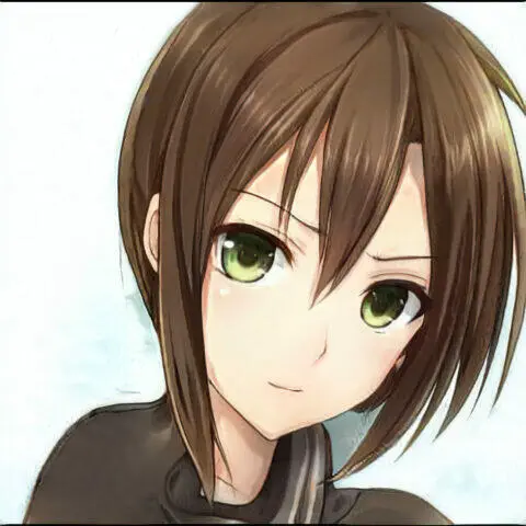 Chica de anime con ojos verdes y cabello castaño, sonriendo juguetonamente.