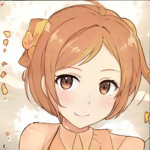 Linda chica de anime con cabello y ojos marrones, vistiendo un vestido color melocotón.