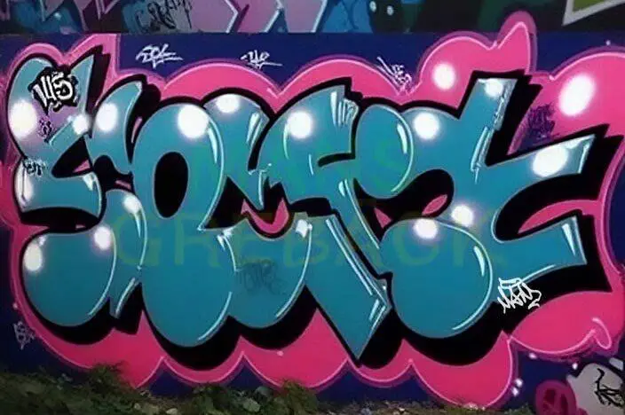 Arte de grafiti vibrante en verde azulado y rosa que presenta la palabra 