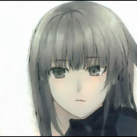Retrato digital de una joven con cabello oscuro y lacio, mirada intensa y expresión seria, fondo difuminado en tonos claros. Ideal para temas de arte, ilustración y personajes de anime.