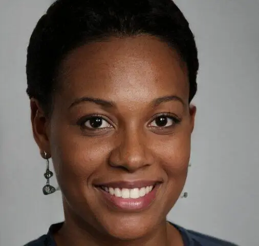 Retrato de una mujer negra sonriente con cabello corto y pendientes.