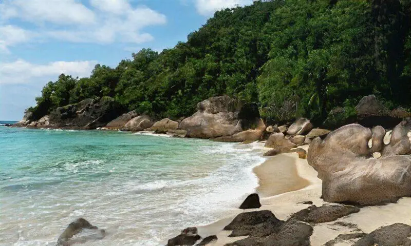 Playa tropical aislada con aguas turquesas, arena blanca y rocas de granito. Una exuberante vegetación bordea la orilla.