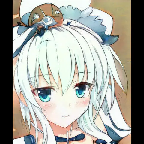 Retrato de una joven con cabello blanco y ojos azules, adornada con una cinta en la cabeza y un pequeño personaje en la parte superior. El fondo presenta tonos suaves que contrastan con su expresión amigable y alegre. Ideal para ilustrar temas de anime y cultura pop.